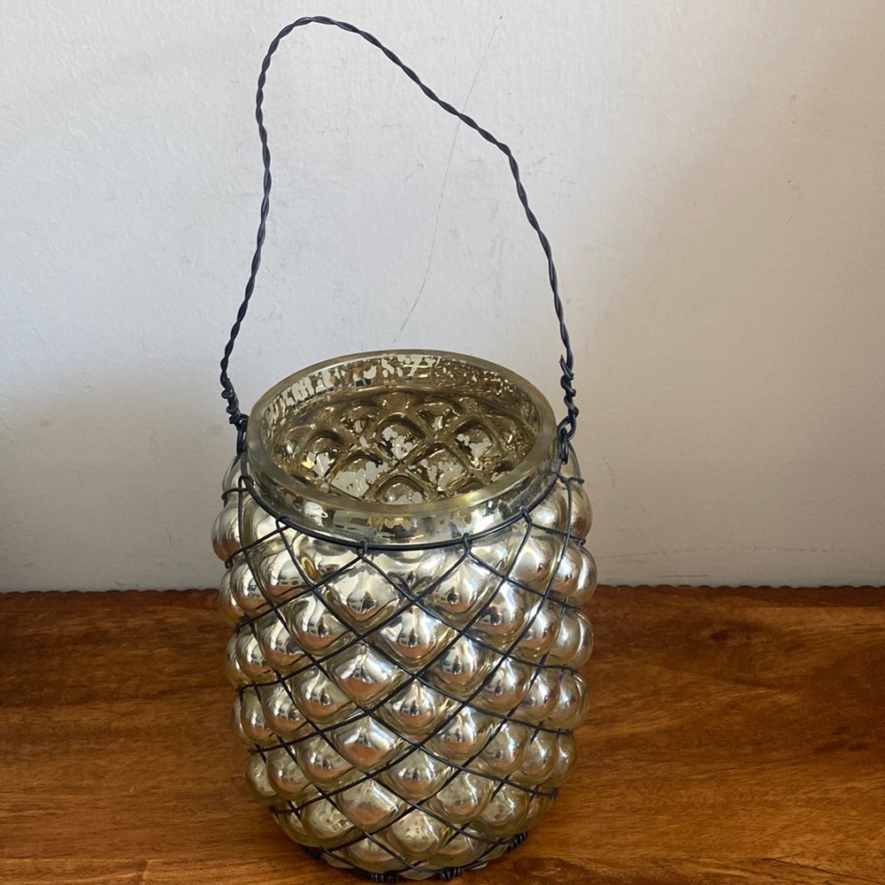 Speckled Gold Glass Candle Holder Black Wire Rope Jar 6.5x4.